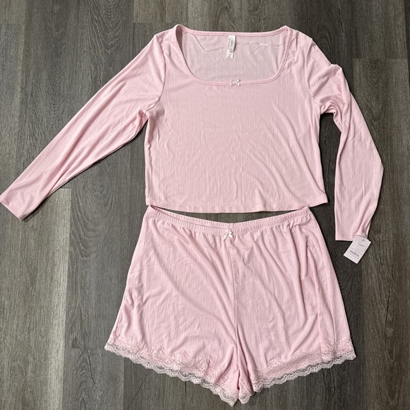 Auden Other - Women's Variegated Ribbed Pajama Set Long Sleeve Top & Shorts Auden Pink XXL NWT